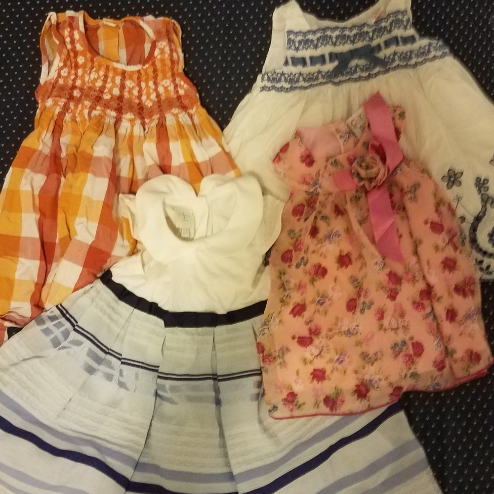 4 Cute Baby Dresses: White W/Blue, Trims &Orange Plaid,rose . Size 12 Months.
